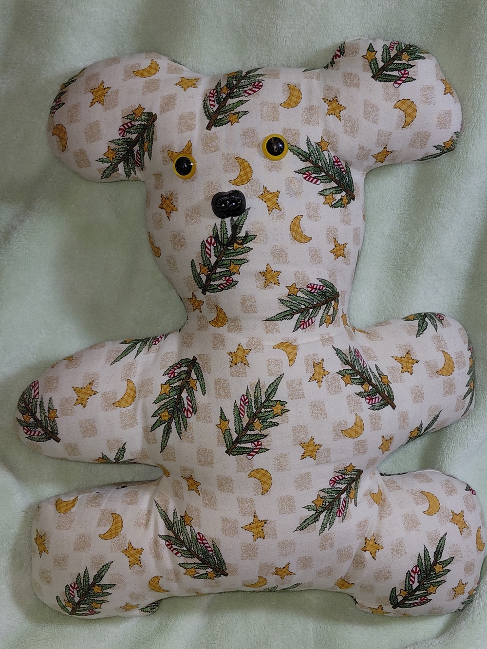 Vtg Handmade Cream Holiday Print Plush Teddy Bear Stuffed Animal